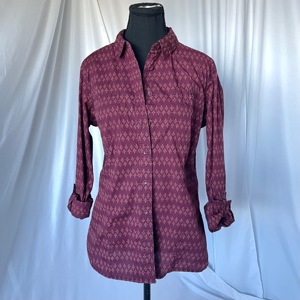 Duluth Women Sz L Button Down Top Burgundy Brown Organic Cotton Roll Tab Earthy